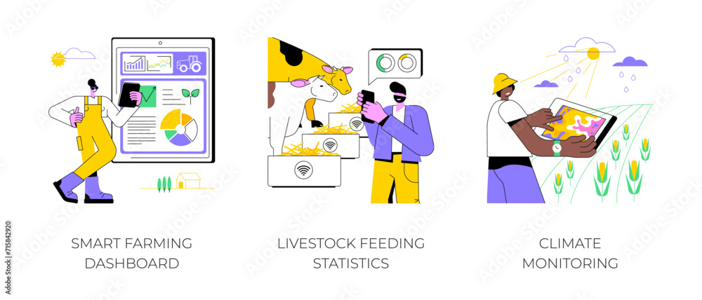 Smart farming data analysis isolated cartoon vector illustrations set. Smart farming dashboard, livestock feeding statistics, climate monitoring with sensors, IoT technology vector cartoon.