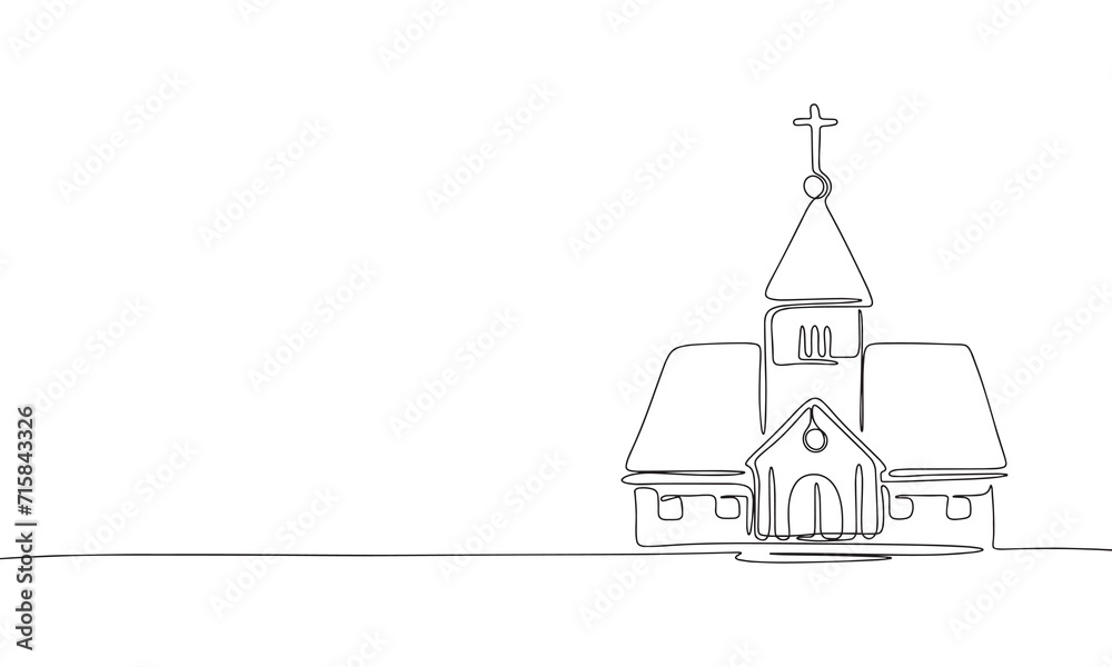 One line continuous church. Line art church isolated on white background. Hand drawn vector art.