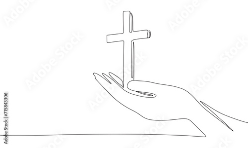 One line continuous cross in hand. Line art Christian cross in hands isolated on white background. Hand drawn vector art.