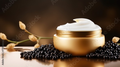 Luxe caviar skin cream. Jar of face cream with black caviar extract. Body cream black caviar. Cosmetics beauty caviar product. New trend