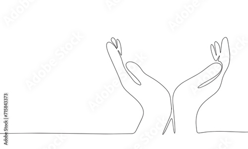 One line continuous hands. Line art open palms isolated on white background. Hand drawn vector art.