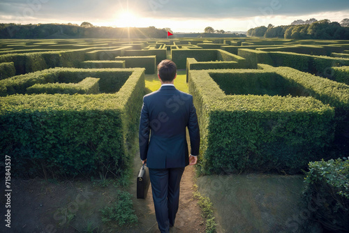 Textured effect, Businessman in suit enters green garden maze, concept of overcoming obstacles on way to success photo