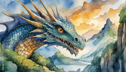 Watercolor drawing for children of a fairytale dragon. Animals watercolor illustration photo