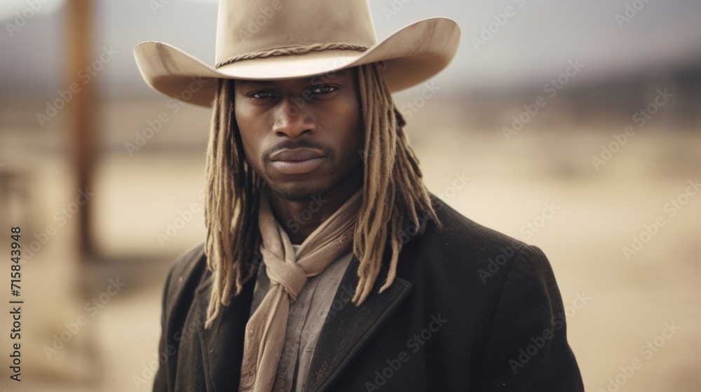 Photorealistic Adult Black Man with Blond Straight Hair retro Illustration. Portrait of a person in western movie vintage style. Cowboy spirit Ai Generated Horizontal Illustration. Photorealistic Adult Black Man with Blond Straight Hair retro Illustration. Portrait of a person in western movie vintage style. Cowboy spirit Ai Generated Horizontal Illustration.