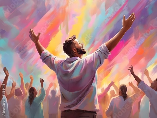 The man raises his hands to praise and glorify God. A man rejoices against the backdrop of an oil painting with a colorful pastel pattern. Generative AI