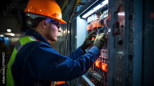 Electrician engineer man repairs wiring in electrical switchboard panel, troubleshooting an electrical station