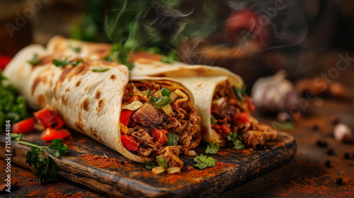 burritos with meat, vegetables and garlic, shawarma, kebab