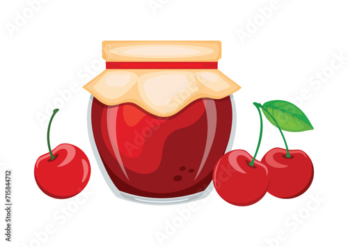 Cherry jam in glass jar and fresh cherries vector illustration. Glass of cherry marmalade design element. Cherry jam jar icon set isolated on a white background