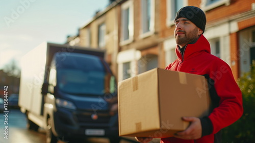 Happy fair delivery man in uniform carrying huge box to doorstep of house ,  blurred huge delivery truck in background