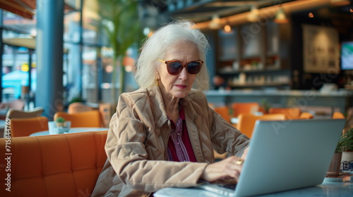 Elderly women in casual clothes and sunglasses working on laptop, modern interior cafe