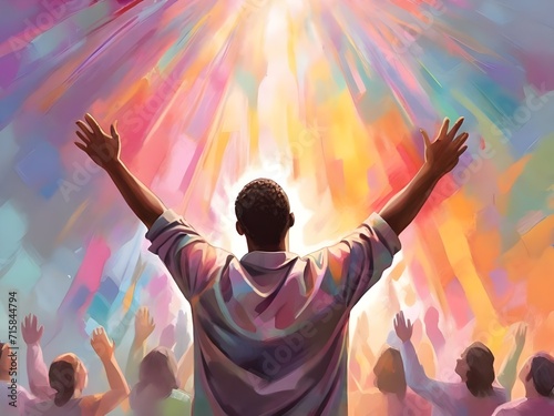 The man raises his hands to praise and glorify God. A man rejoices against the backdrop of an oil painting with a colorful pastel pattern