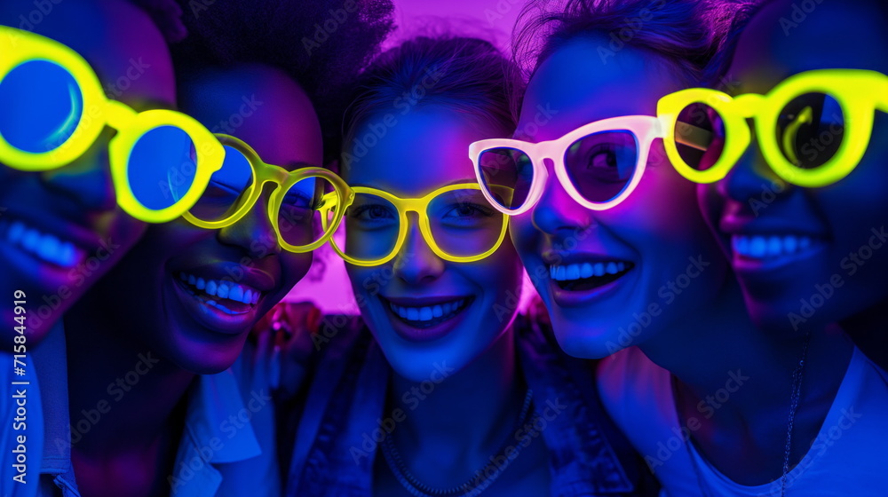 Ethnically diverse happy smiling business people in glowing color glasses looking at the camera. Glow cyan neon, cyan and dark blue light, nightclub, fun