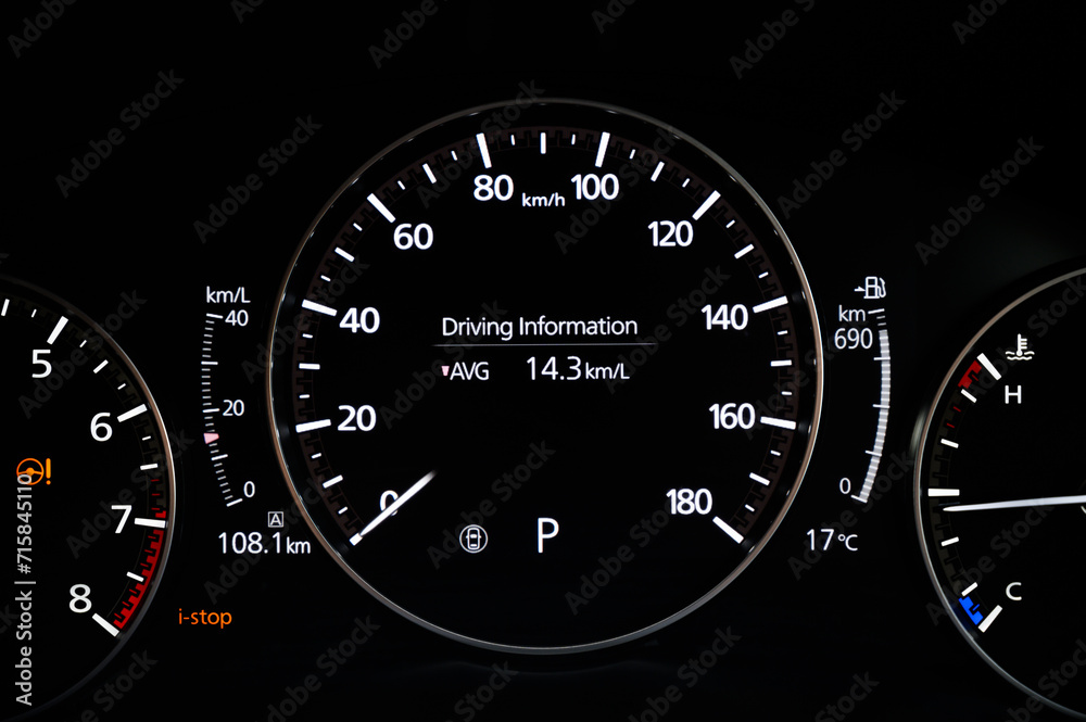 Digital car dashboard with tachometer, speedometer, driving distance ...