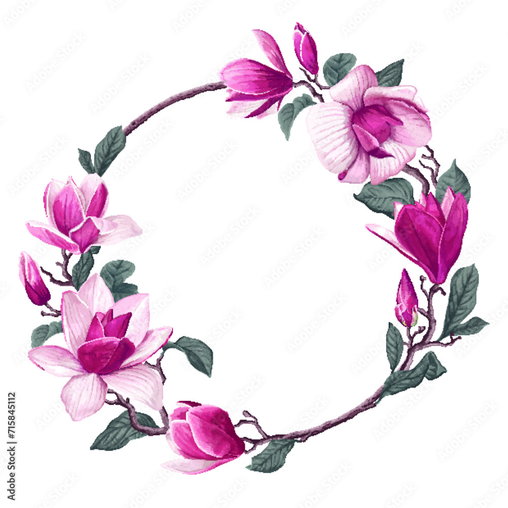 Floral spring botanical frame in a round shape with realistic Pink Magnolia flowers. The hand-drawn branches are arranged in an elegant frame for your product design.