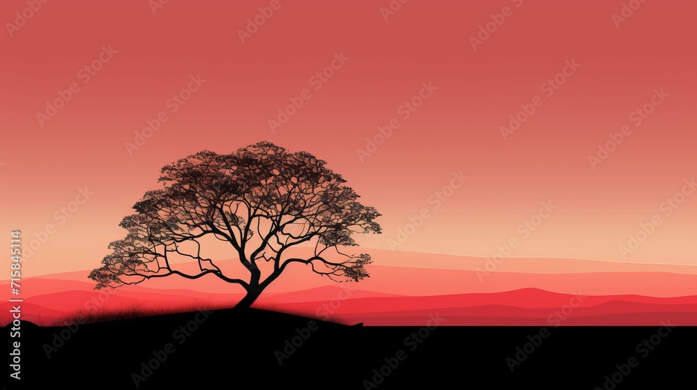 Obraz premium Silhouetted tree against vibrant red sunset sky with rolling hills minimalist nature art