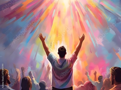 The man raises his hands to praise and glorify God. A man rejoices against the backdrop of an oil painting with a colorful pastel pattern. Generative AI photo