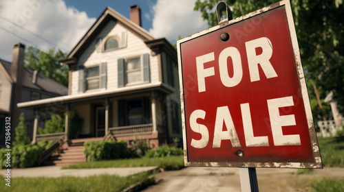 Sign FOR SALE of house in background, sale of purchase of property, inscription on sign for sale. Commercial proposal. Old cottage