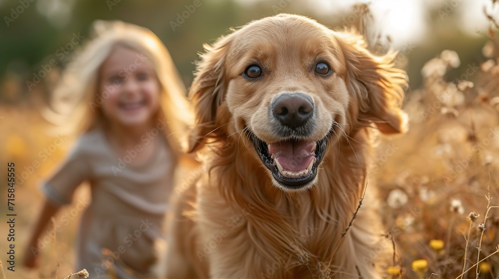 Happy kids and  dog are running together towards camera