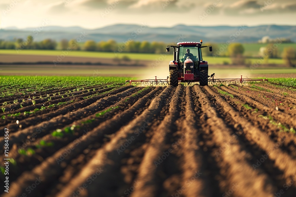 In this captivating scene, a skilled farmer drives a rugged tractor across a fertile field. The tractor's wheels leave tracks in the soil as it moves steadily forward