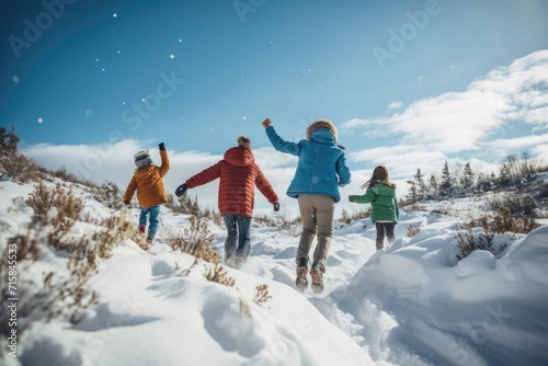 Energetic children and their guardian throw snow into the air, playing joyfully on a bright, snowy hillside