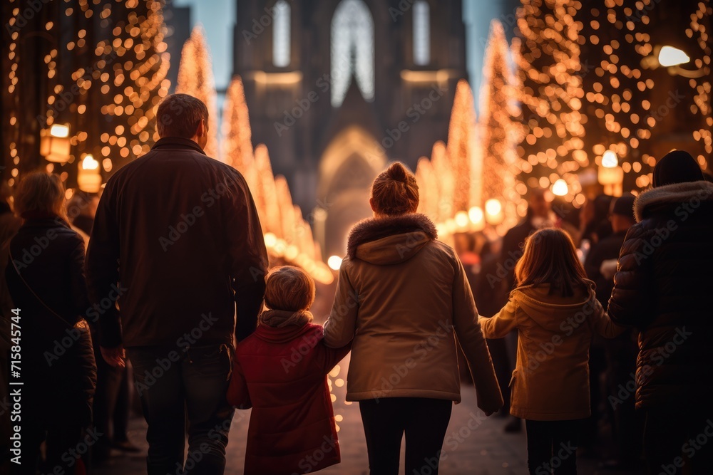 family embarks on a serene walk towards a grand cathedral on a festive evening. The path is lined with sparkling lights and Christmas trees family embarks on a serene walk towards a grand cathedral on a festive evening. The path is lined with sparkling lights and Christmas trees