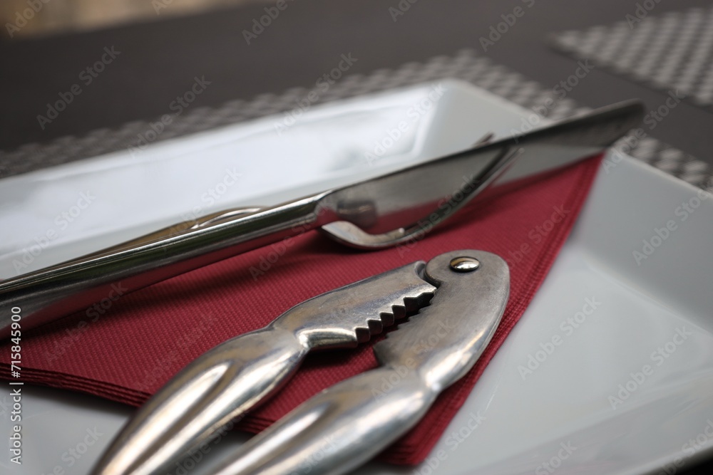Plate, napkin, cutlery and lobster cracker on black table, closeup Plate, napkin, cutlery and lobster cracker on black table, closeup