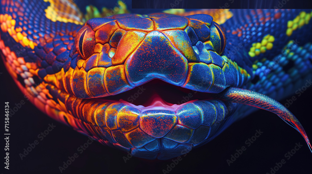 Vibrant Artistic Rendering of a Snake with Neon Glowing Scales, ideal for creative design, wallpapers, and artistic representation Vibrant Artistic Rendering of a Snake with Neon Glowing Scales, ideal for creative design, wallpapers, and artistic representation