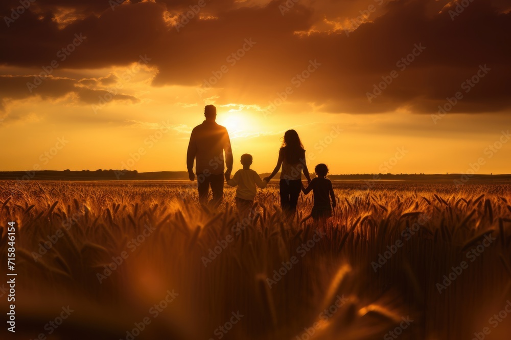 family walks through a wheat field, silhouetted against the fiery sky of the setting sun, embracing the calm of the evening