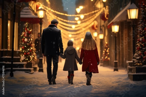 family walk through a snow covered street on a winter evening. The street is adorned with festive lights and decorated Christmas trees