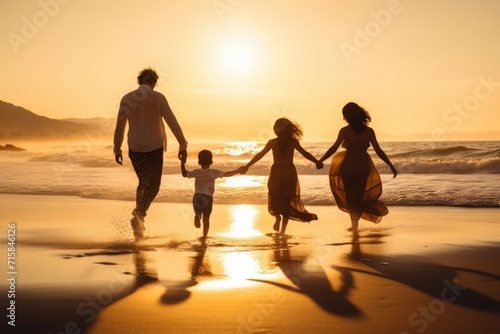 family walks hand in hand on the beach, with the sun setting over the ocean, casting a warm, golden light on their path