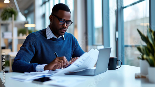 Focused young man is working at a modern office desk, wearing glasses and reading a document with a laptop and a coffee cup beside him.