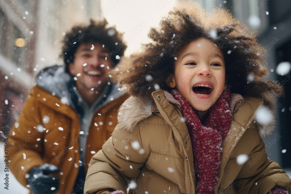 father and child share infectious laughter during a snowball play, their happiness lighting up the snowy scene, blurred background