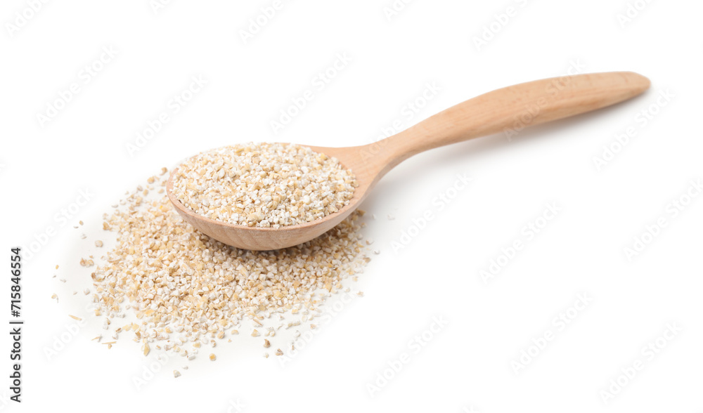 Spoon with raw barley groats isolated on white Spoon with raw barley groats isolated on white