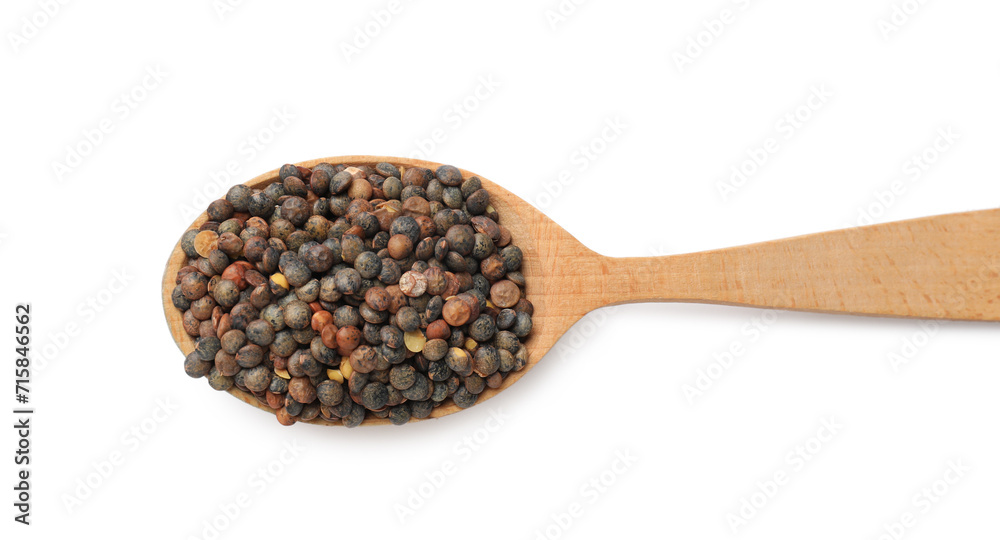 Wooden spoon with raw lentils isolated on white, top view Wooden spoon with raw lentils isolated on white, top view
