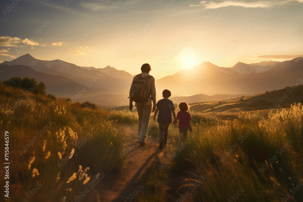 father leads his two children on a serene hike, the setting sun casting a golden glow over the majestic mountainscape