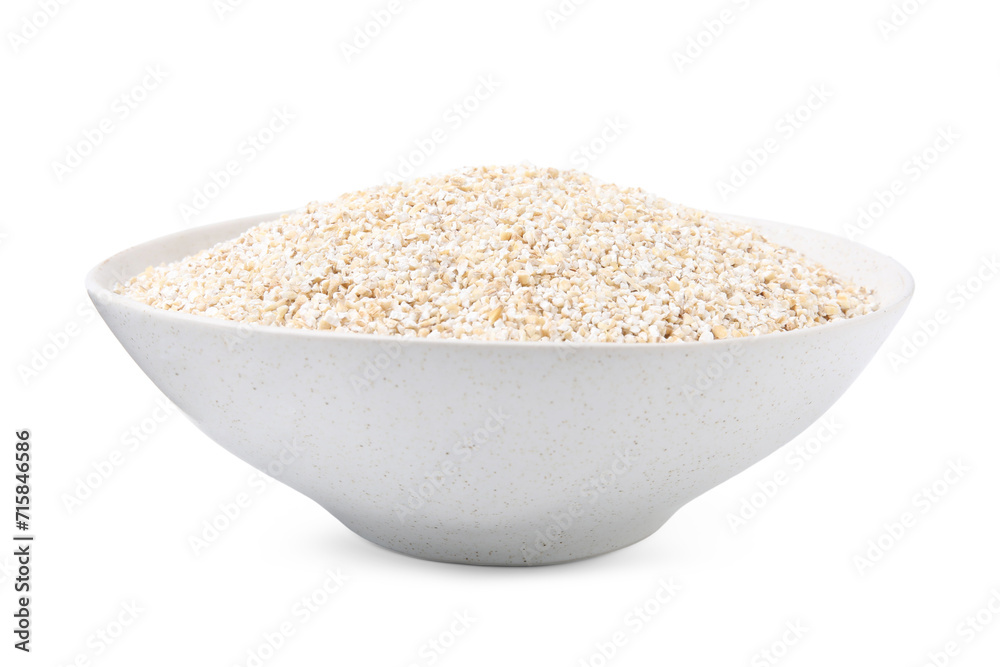 Dry barley groats in bowl isolated on white Dry barley groats in bowl isolated on white