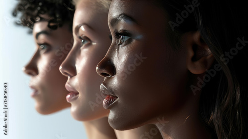 Close-up, profile view of three women of diverse ethnicities lined up in a row, highlighting their facial features and diversity.