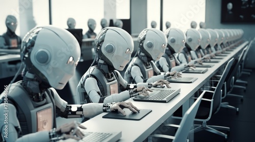 Many identical robots sitting at desks in the office Generate AI image © Ghiska