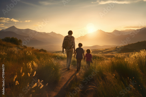father leads his two children on a serene hike, the setting sun casting a golden glow over the majestic mountainscape photo