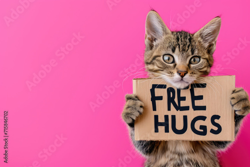 Adorable Kitten with "Free Hugs" Sign on Pink Background with Copy Space