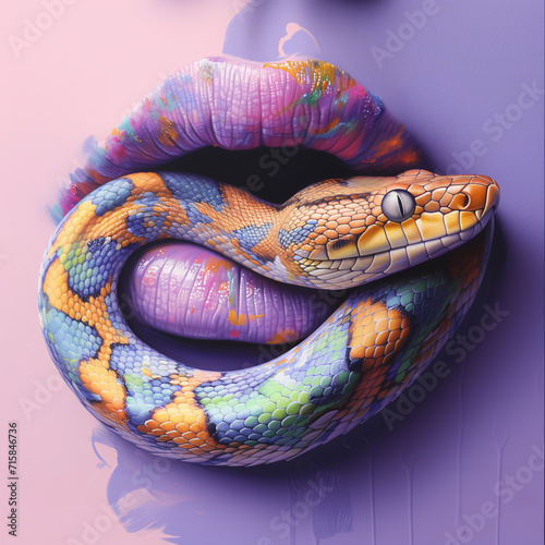 Surreal painted snake lips in vibrant colors, ideal for artistic design and modern graphics