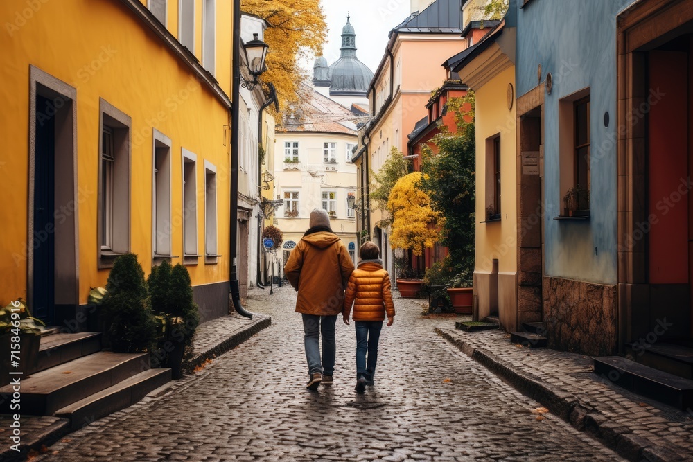 Parent and child, wander down a quaint cobblestone alleyway lined with colorful buildings under the soft embrace of autumn foliage