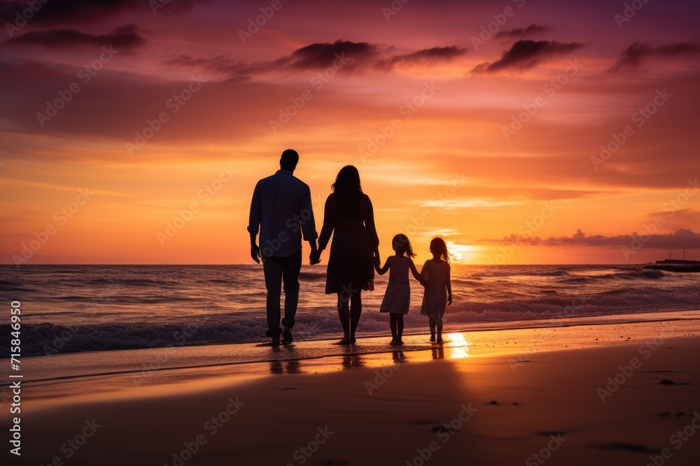 Silhouettes of a family are seen against the backdrop of a stunning sunset on a tranquil beach