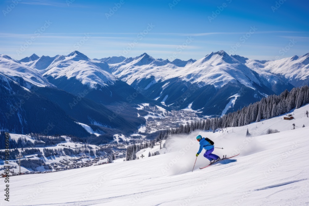 skier carves through pristine snow on a sunlit slope, with a breathtaking view of the snow capped mountain range and a tranquil ski resort below