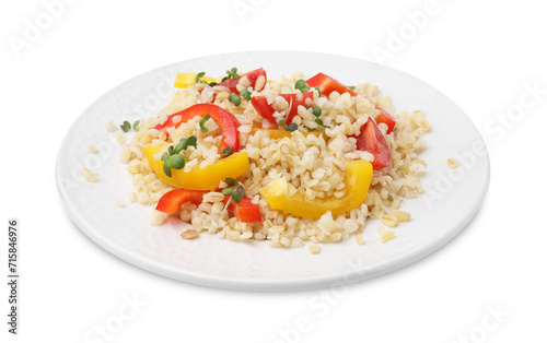 Plate of cooked bulgur with vegetables isolated on white