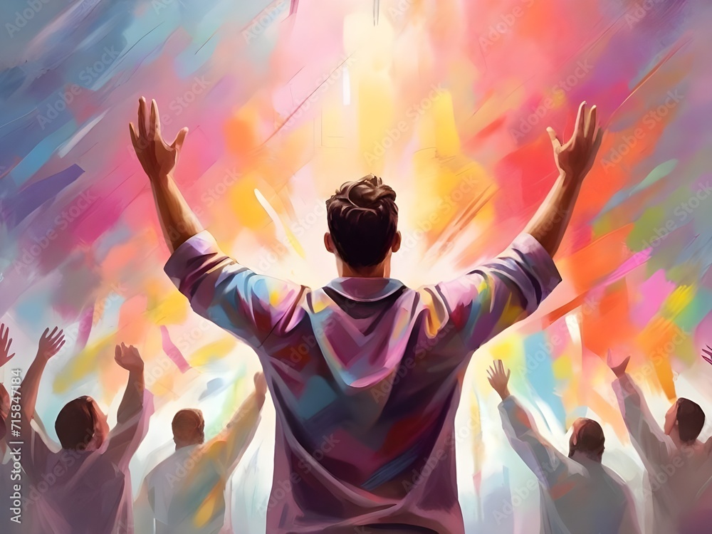 The man raises his hands to praise and glorify God. A man rejoices against the backdrop of an oil painting with a colorful pastel pattern. Generative AI - obrazy, fototapety, plakaty 