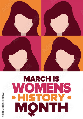 Women's History Month. Celebrated annual in March, to mark women’s contribution to history. Female symbol. Women's rights. Girl power in world. Poster, postcard, banner. Vector illustration