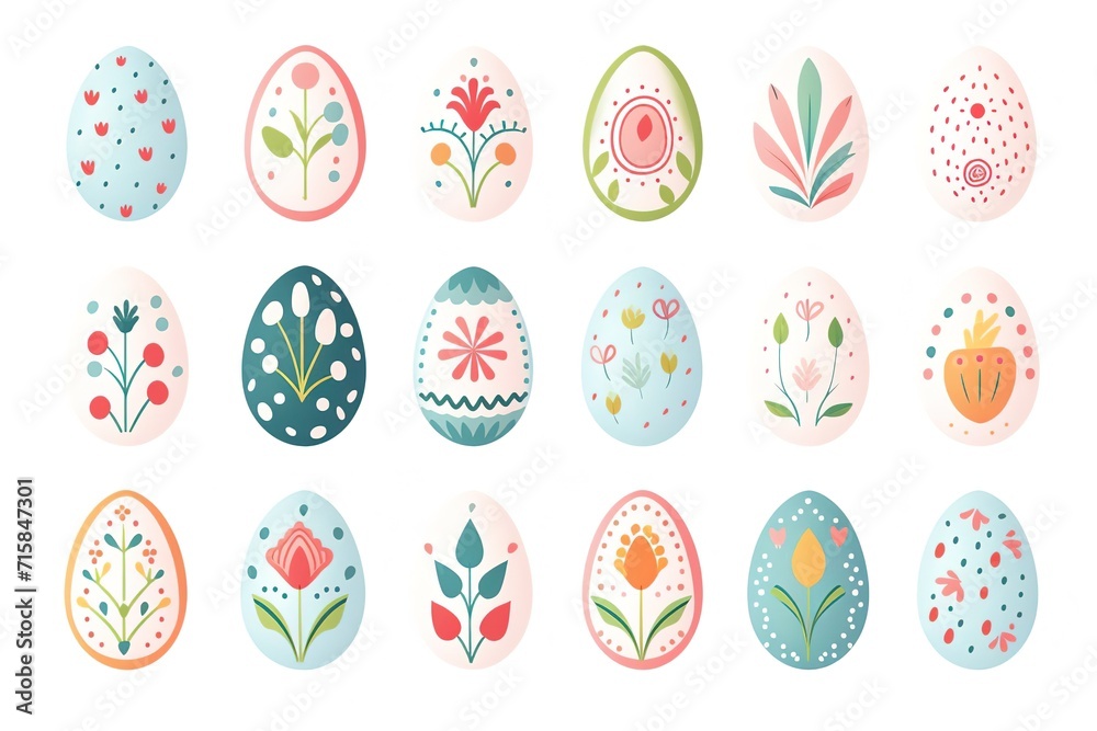 set of Pastel Easter egg assortment with playful nature floral patterns, spring holiday themes and craft inspiration set of Pastel Easter egg assortment with playful nature floral patterns, spring holiday themes and craft inspiration