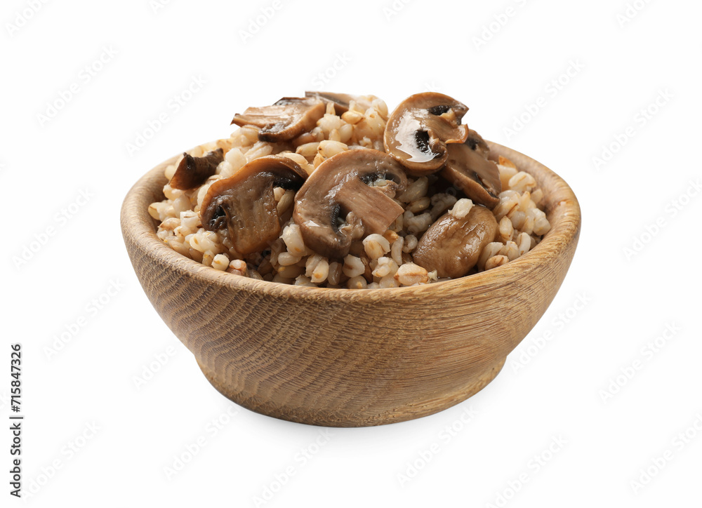 Delicious pearl barley with mushrooms in bowl isolated on white Delicious pearl barley with mushrooms in bowl isolated on white