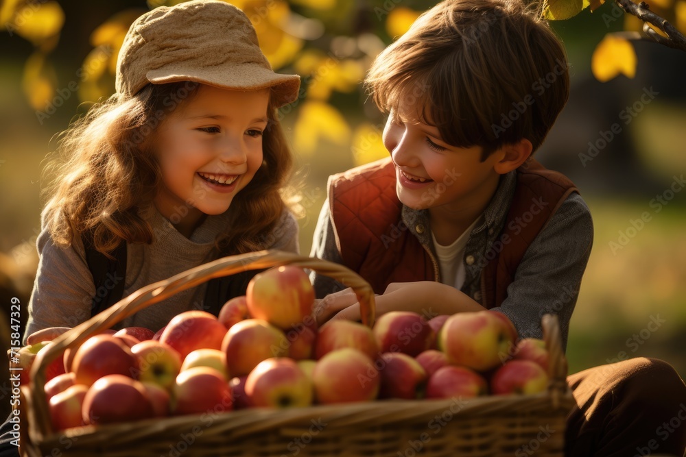 Two joyful children share a moment of laughter among a bountiful harvest of apples, the golden autumn sunlight enhancing the warmth of the scene Two joyful children share a moment of laughter among a bountiful harvest of apples, the golden autumn sunlight enhancing the warmth of the scene